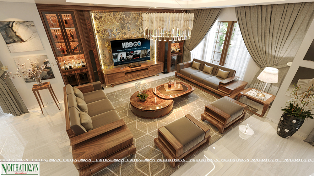 Phòng khách nội thất gỗ óc chó