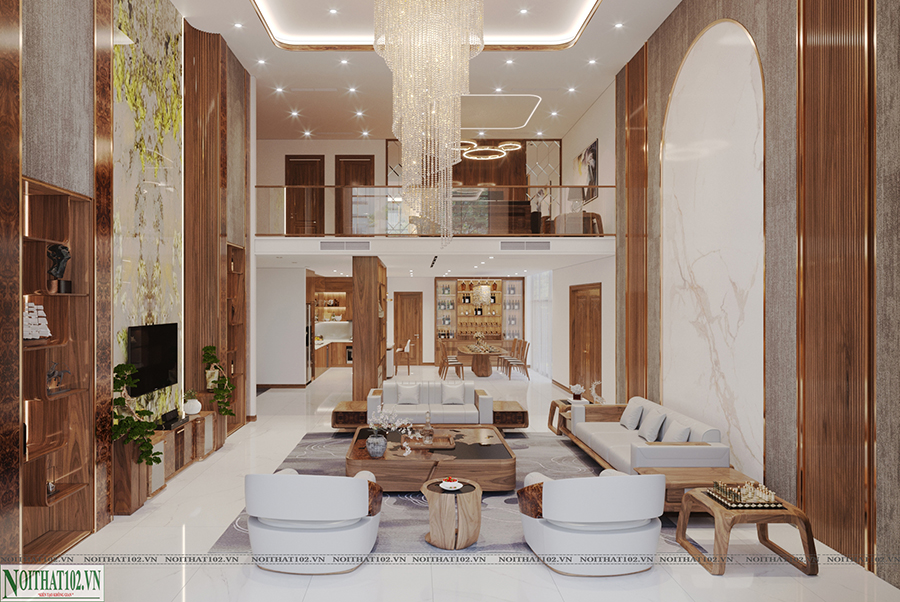 Phòng khách biệt thự thông tầng nội thất gỗ óc chó
