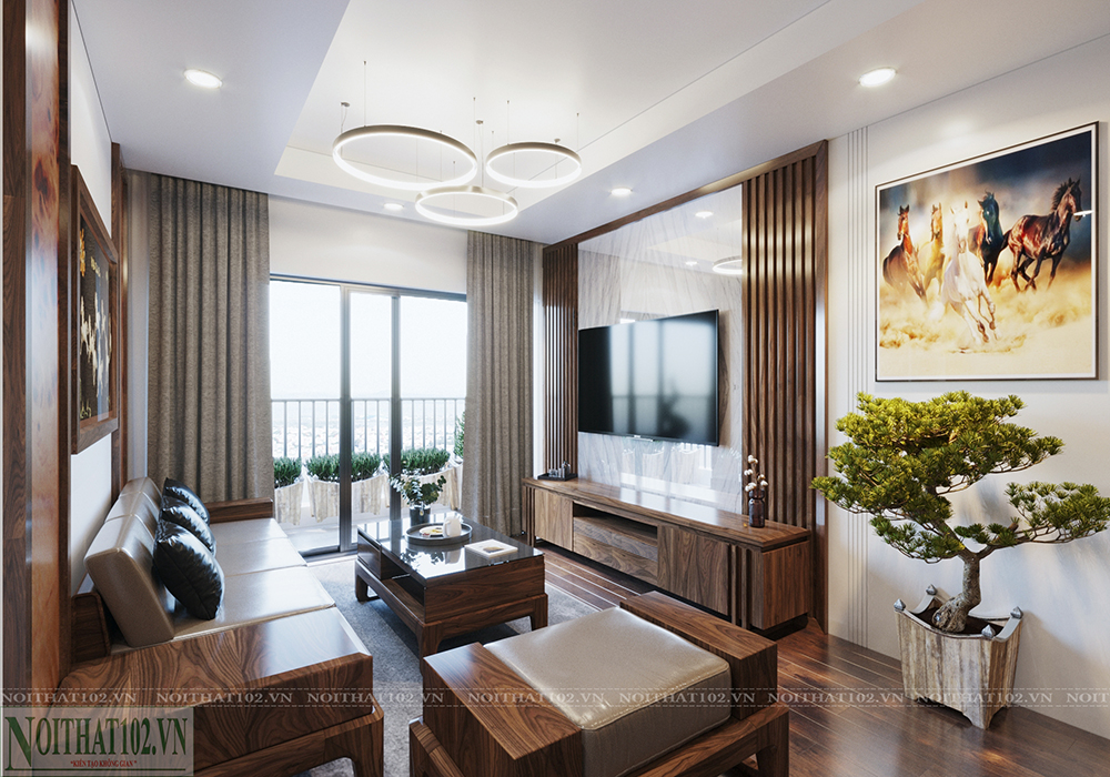 Phòng khách nội thất gỗ óc chó