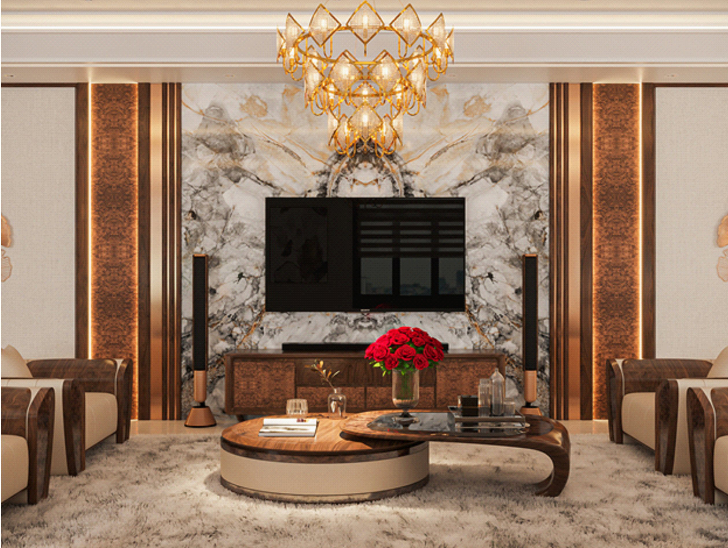 Phòng khách nội thất gỗ óc chó biệt thự Nghệ An