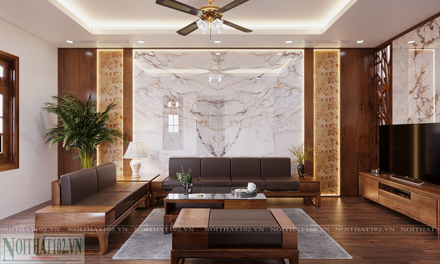 Phòng khách nội thất gỗ óc chó