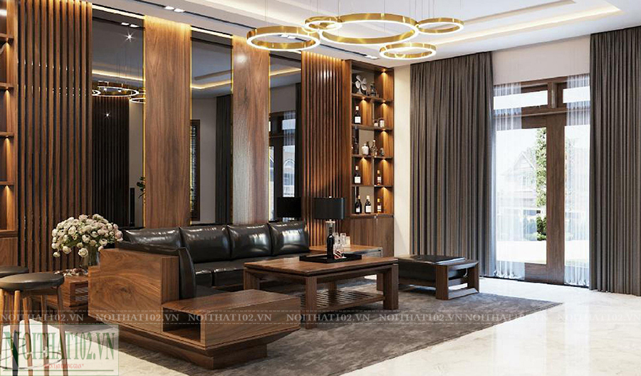 Phòng khách nội thất gỗ óc chó