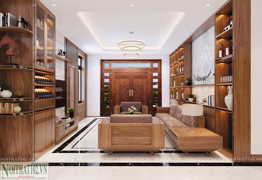 Phòng khách nội thất gỗ óc chó