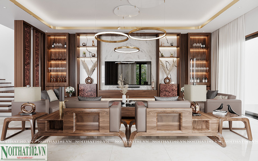 Phòng khách nội thất gồm sofa + kệ tivi + tủ đựng rượu + bàn trà chất liệu gỗ óc chó