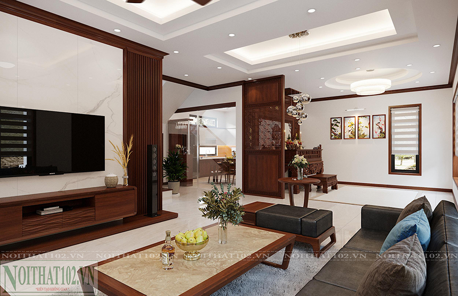 phòng khách nội thất gỗ óc chó