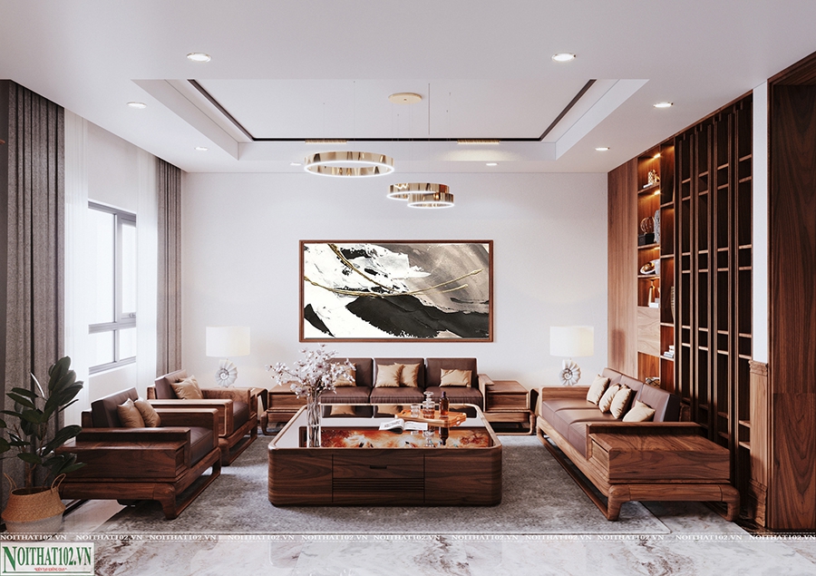 Phòng khách nội thất gỗ óc chó