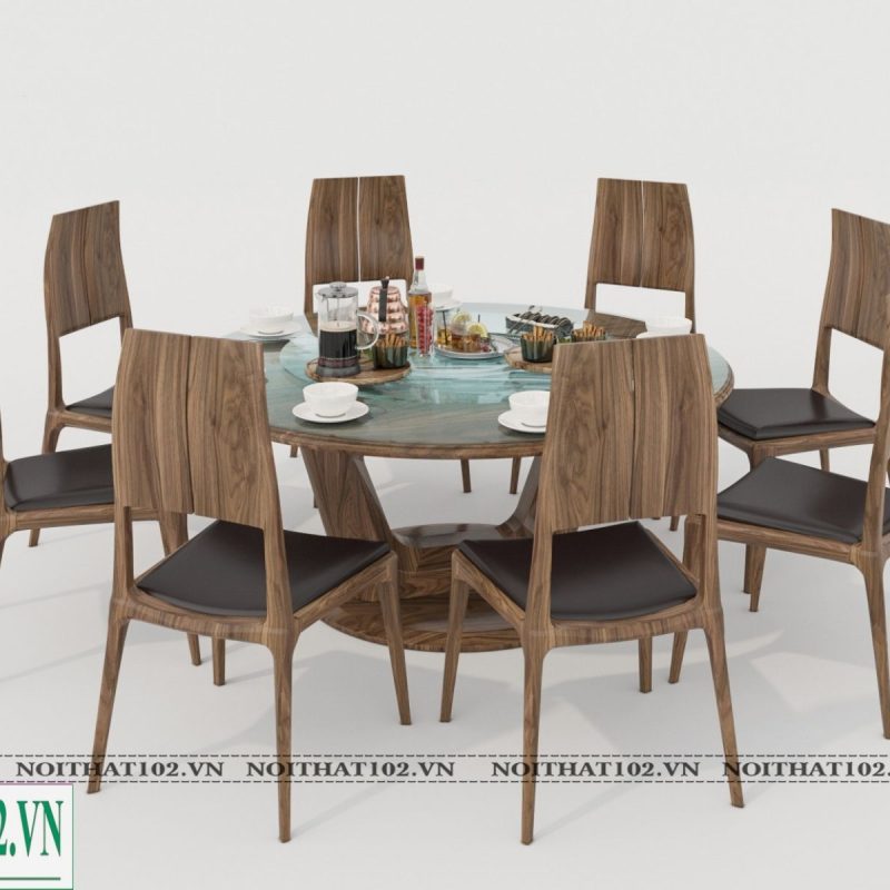 Bộ bàn ăn gỗ óc chó mặt tròn lớn BTR02 8 ghế, kính cường lực phía trên