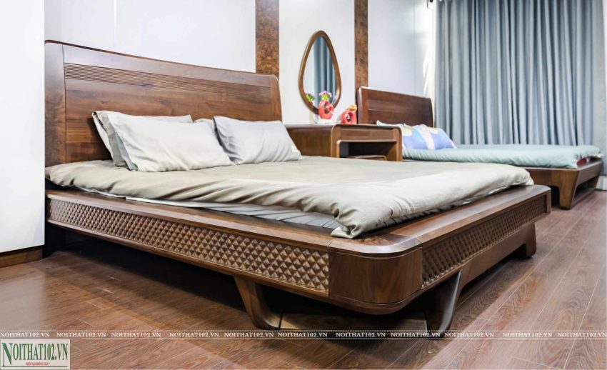 Giường gỗ óc chó GOC-16 hiện đại, vai giường có chi tiết quả trán nổi bật, vân gỗ tự nhiên