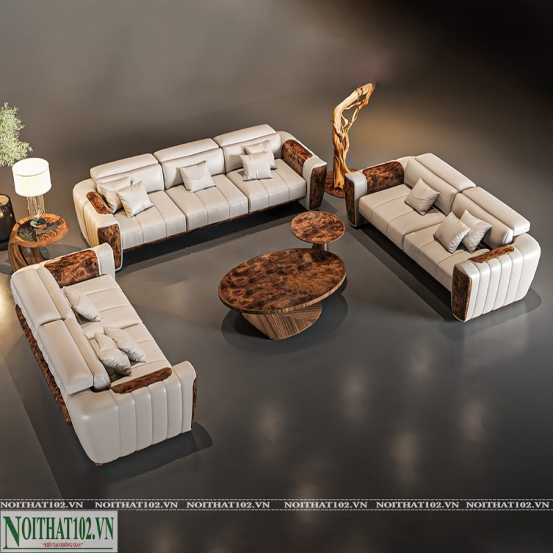 Sofa gỗ óc chó Bắc Mỹ mã S02 bọc da cao cấp, chi tiết chế tác tinh xảo