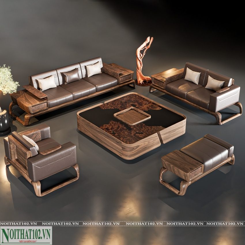 Sofa gỗ óc chó S03 vân gỗ tự nhiên, phong cách thiết kế hiện đại, cao cấp.