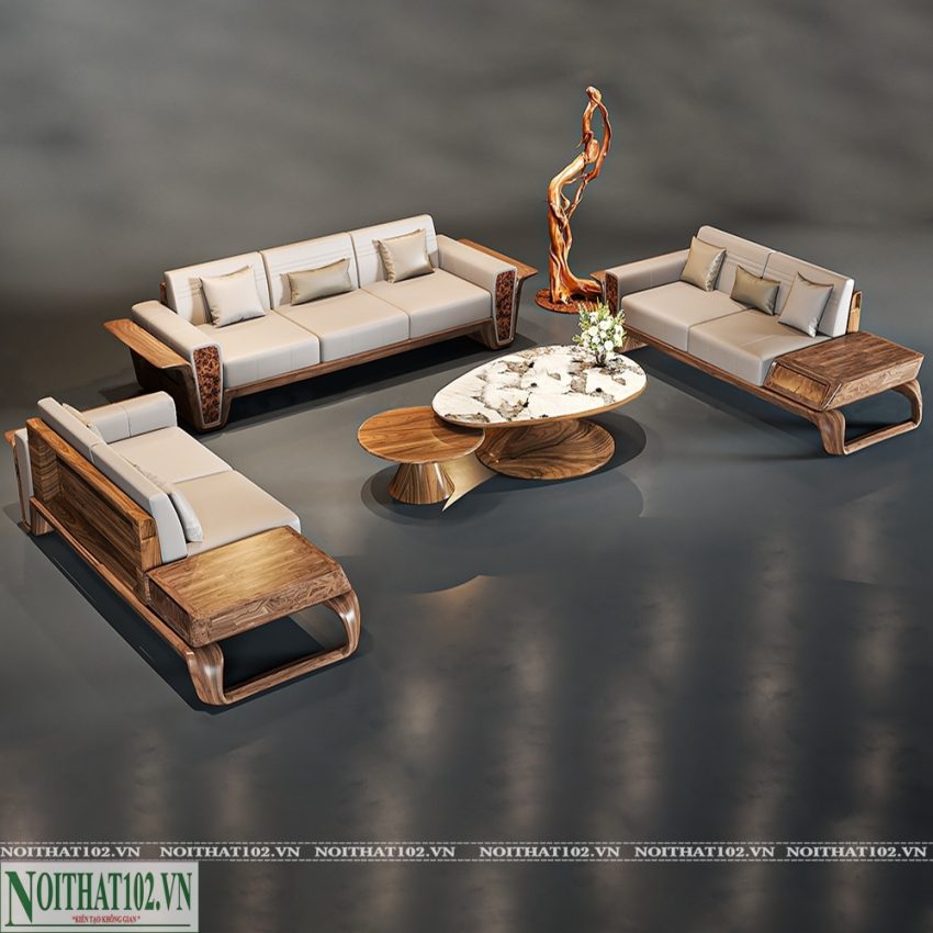 Bộ sofa gỗ óc chó S05 thiết kế hiện đại, vân gỗ tự nhiên sang trọng, phù hợp mọi không gian.