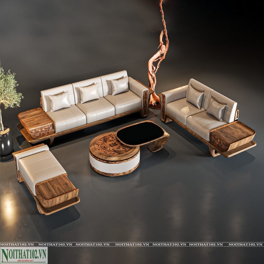 Bộ sofa gỗ óc chó S08 hiện đại, vân gỗ tự nhiên sắc nét, đệm da cao cấp êm ái