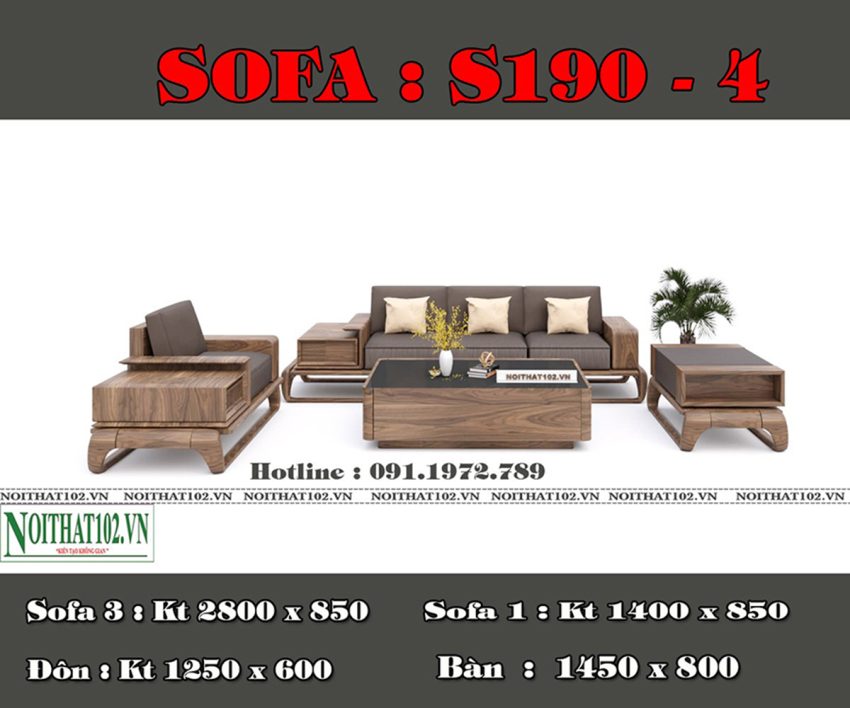 Sofa văng 4 chỗ gỗ óc chó S190-4, vân gỗ tự nhiên, thiết kế hiện đại cho không gian lớn