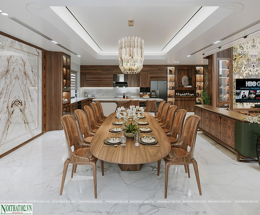 ảnh bàn ăn gỗ óc chó hình bầu dục