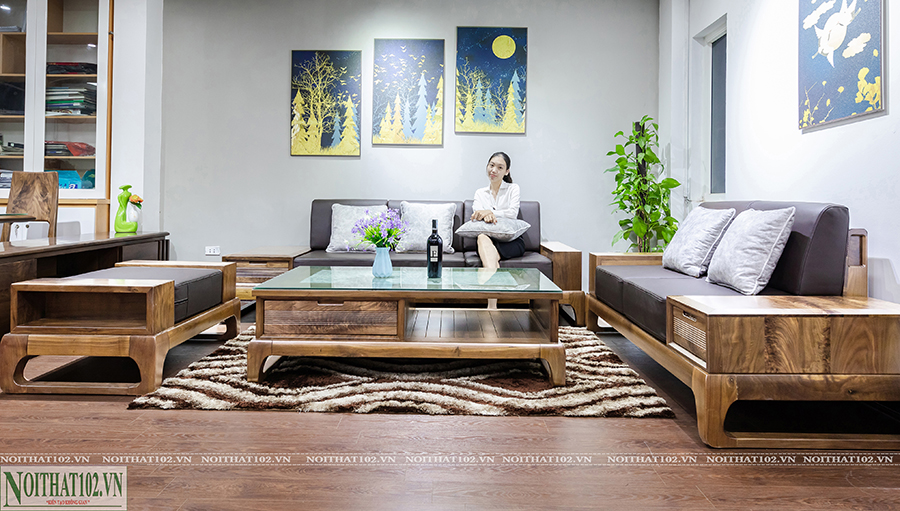 Sofa gỗ óc chó S-150 chụp chính diện, vân gỗ tự nhiên, thiết kế hiện đại, cao cấp