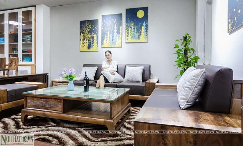 Sofa gỗ óc chó S-150 góc chéo, chi tiết tay vịn, thể hiện sự tinh tế và sang trọng