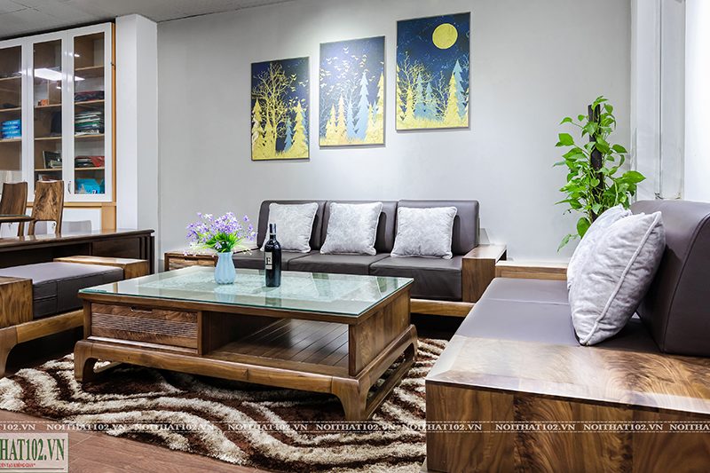 Sofa S-150 góc nghiêng, vân gỗ óc chó sắc nét, kiểu dáng hiện đại, bền đẹp