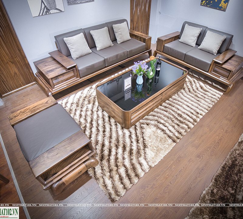 Sofa gỗ óc chó S-190-3 góc nhìn từ trên cao, vân gỗ nổi bật, phong cách hiện đại