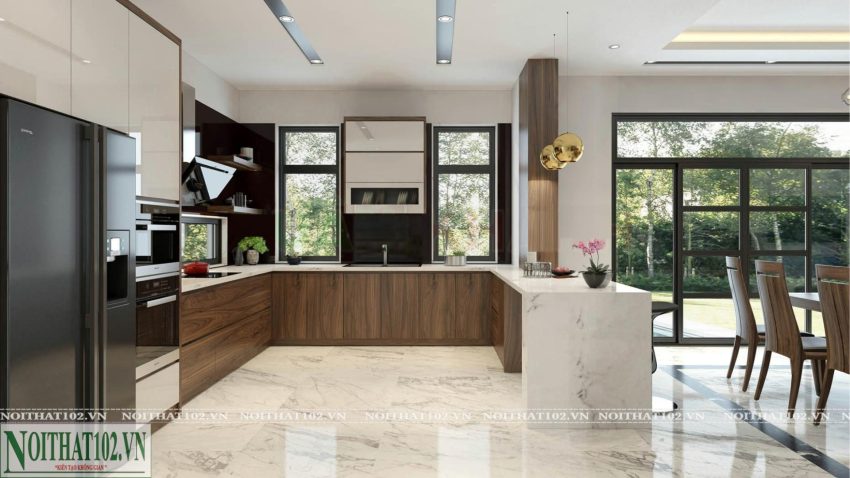 Tủ bếp gỗ óc chó TB02 cao cấp kết hợp mặt bàn đá màu trắng và cánh tủ gỗ công nghiệp màu trắng