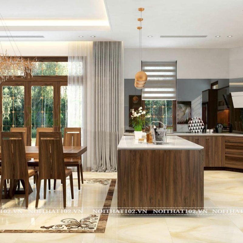 Tủ bếp gỗ óc chó TB03 kiểu dáng chữ U hiện đại, tối ưu công năng cho không gian bếp rộng