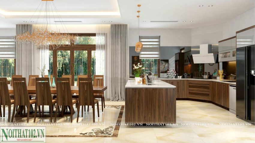 Tủ bếp gỗ óc chó TB03 kiểu dáng chữ U hiện đại, tối ưu công năng cho không gian bếp rộng