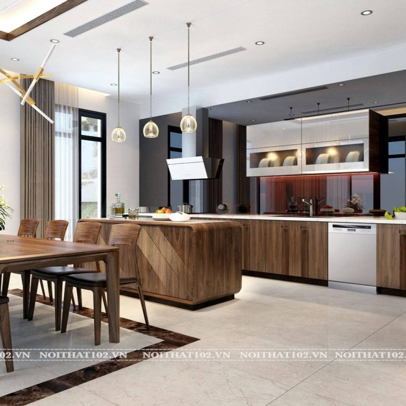 Tủ bếp gỗ óc chó TB04 kèm đảo bếp lớn, thiết kế thông minh, tối ưu không gian