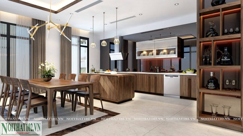 Tủ bếp gỗ óc chó TB04 kèm đảo bếp lớn, thiết kế thông minh, tối ưu không gian