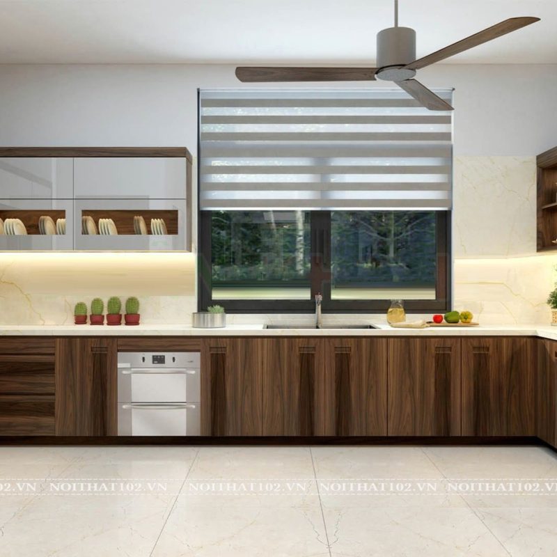 Mẫu tủ bếp gỗ óc chó TB08 thiết kế hiện đại, tích hợp lò nướng và tủ lạnh âm tủ thông minh